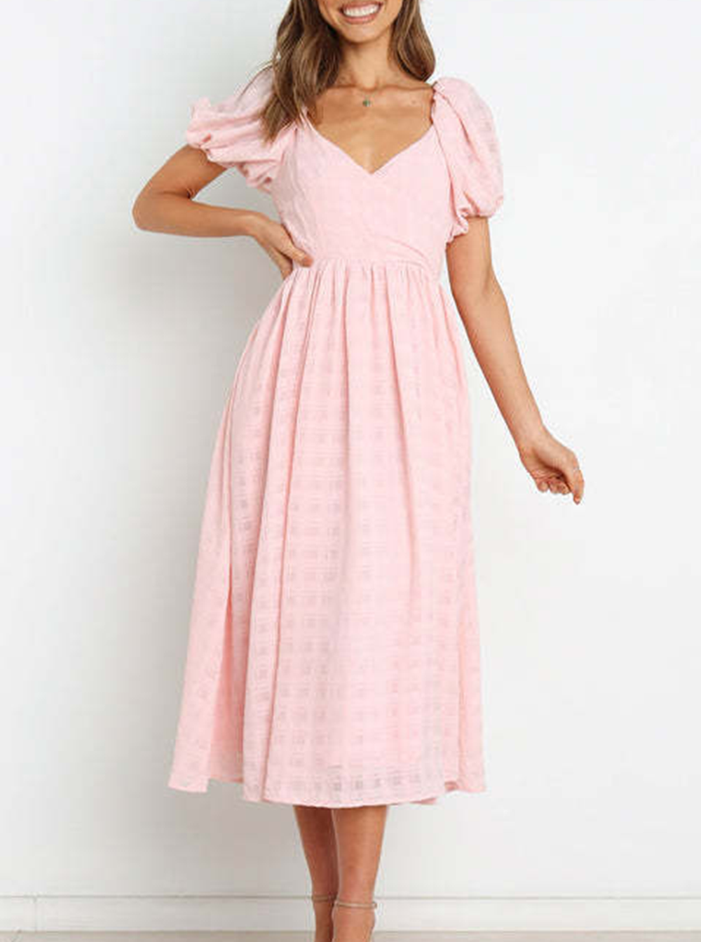 Estela - Dresses with pastel skirt, square neckline, and trendy split solid seam