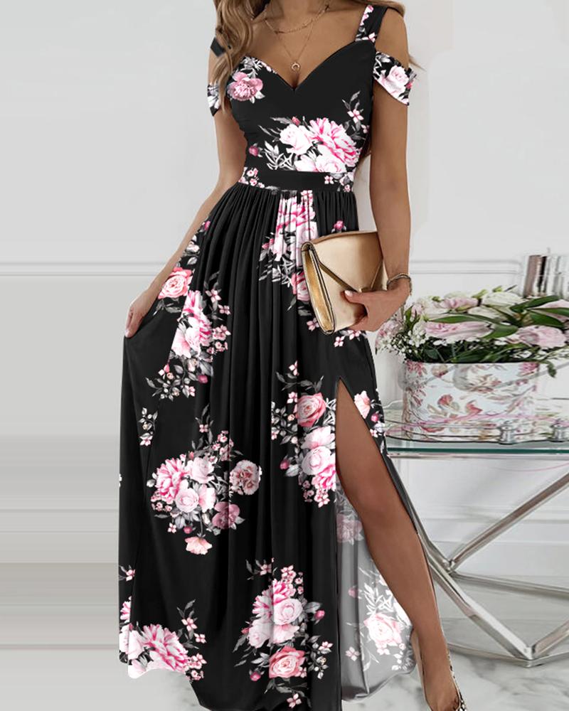 Elena - Vestido maxi de hombros fríos con abertura alta y estampado floral