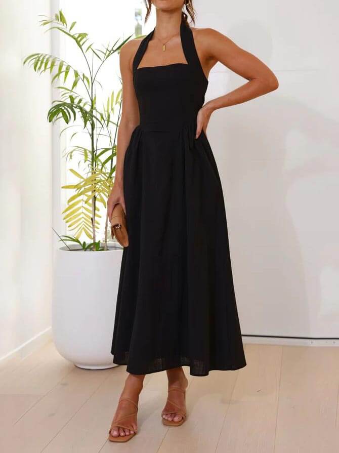 Amalie - Vestido negro pequeño con cuello halter y cintura entallada a media pierna