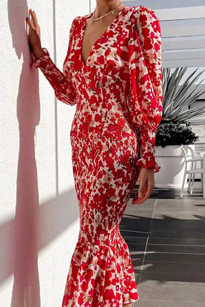 Noa - Vestido midi Fruncido con Manga obispo Floral