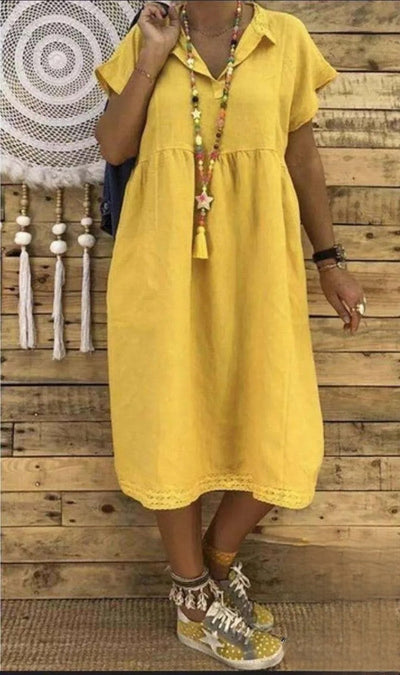 Laia - Vestido midi de manga corta de algodón y lino, tallas grandes para mujer