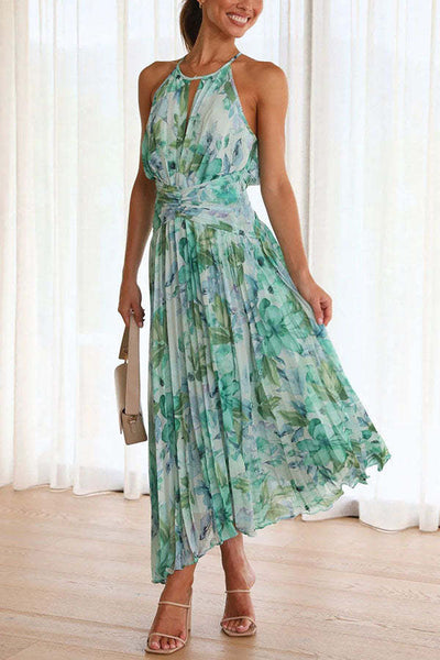 Laura - Vestido midi plisado con cuello recortado y estampado floral de Sunny Forecast