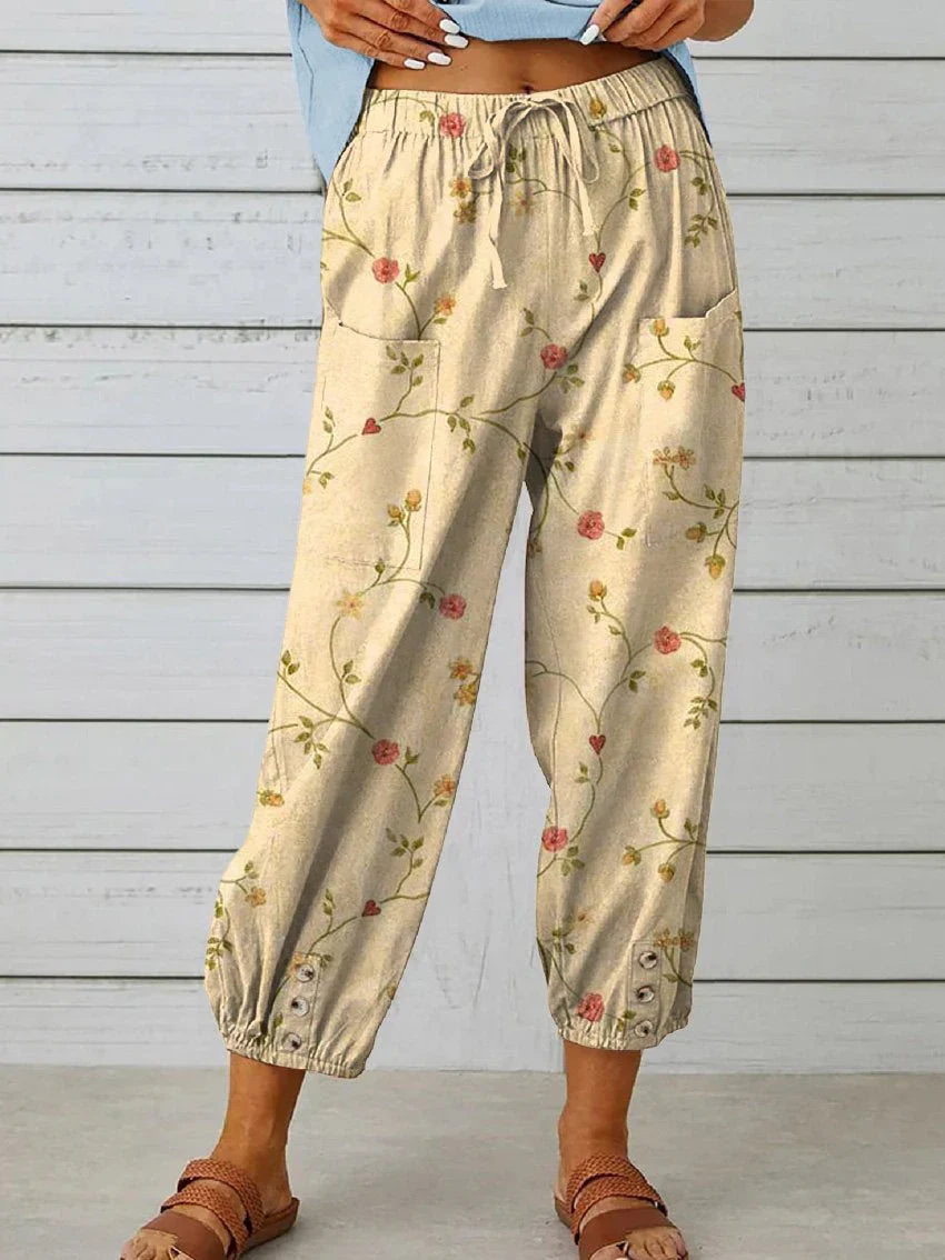 Amalie - Pantalones casuales de mujer con elegante estampado floral retro de algodón