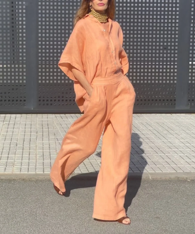 Mila - Traje de dos piezas en lino naranja