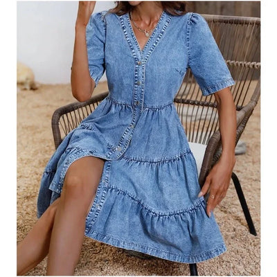 Paula - Minivestido de chambray con volantes y tapeta de botones en denim