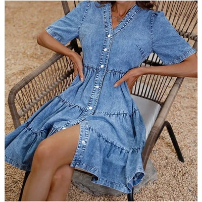 Paula - Minivestido de chambray con volantes y tapeta de botones en denim