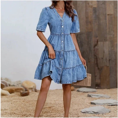 Paula - Minivestido de chambray con volantes y tapeta de botones en denim